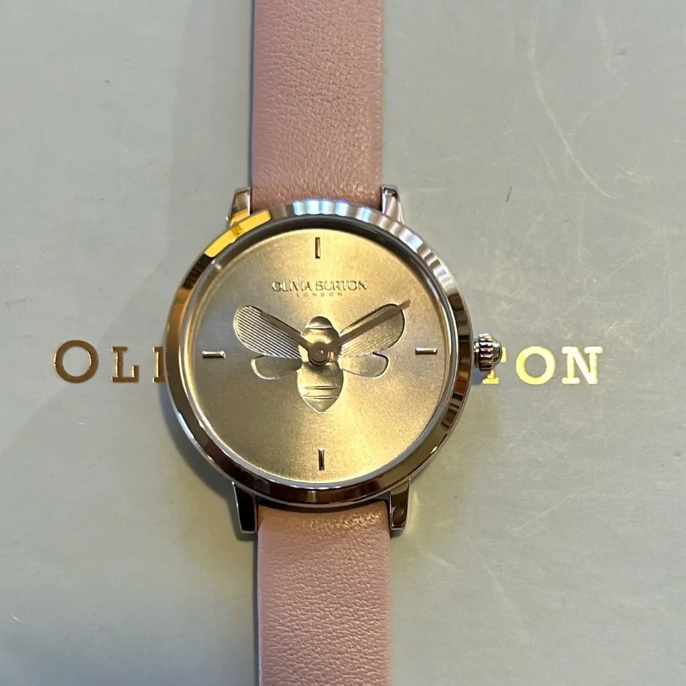 Olivia Burton Watch with 28mm Silver Face With Classic UltaSlim Bee & Pink Band - Picture 2 of 6
